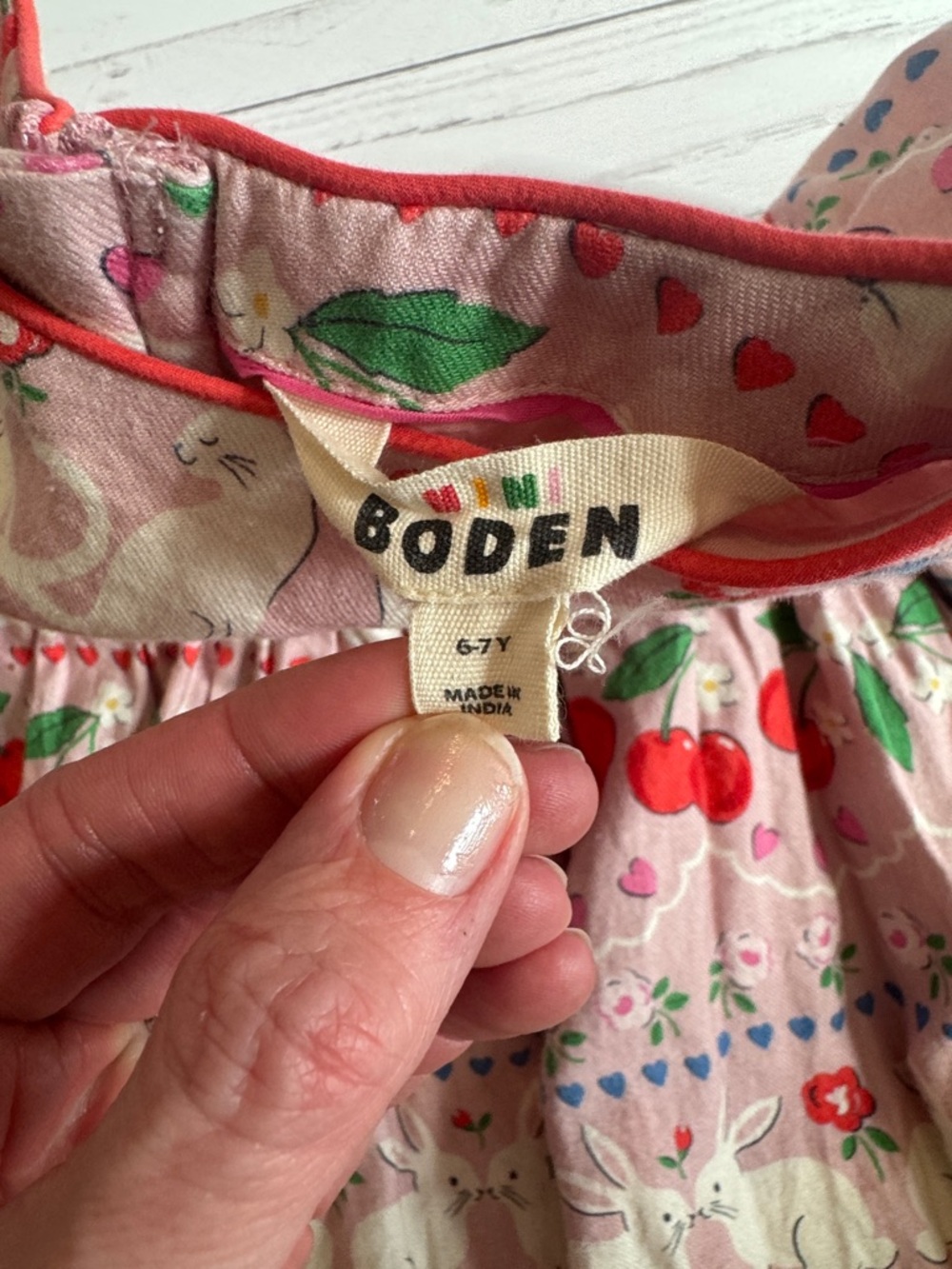 Mini Boden Girls Pink Cherry Print Long Sleeve Dress - Picture 2 of 7